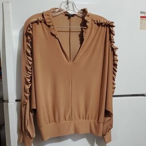 Express Camel Ruffle Japanese Long Sleeve V-Neck Blouse Size S/p